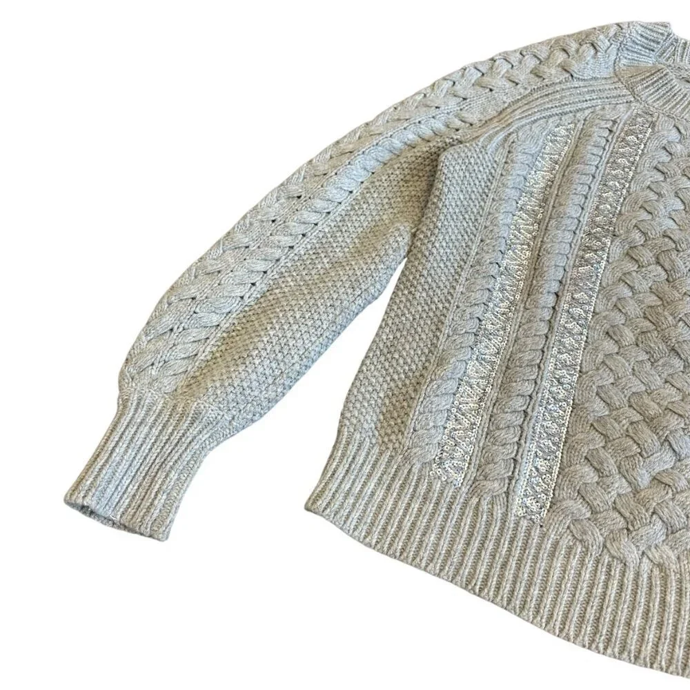 J. Crew Grey Cable Knit Pullover Sweater Crew Neck Sequin Stripe Size XS Women's